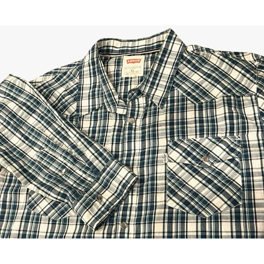 Levi's Shirt Mens XL Western Pearl Snap Blue Plaid Long Sleeve Cotton Cowboy